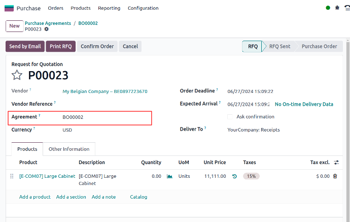 Odoo General Purchase Order Based on a Template