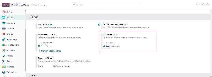 Odoo 18 e-commerce shop only for logged-in users